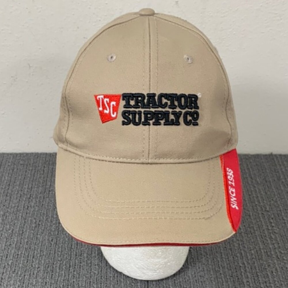 TSC Tractor Supply Co Baseball Hat Cap Mens Adjustable Beige Red Strapback